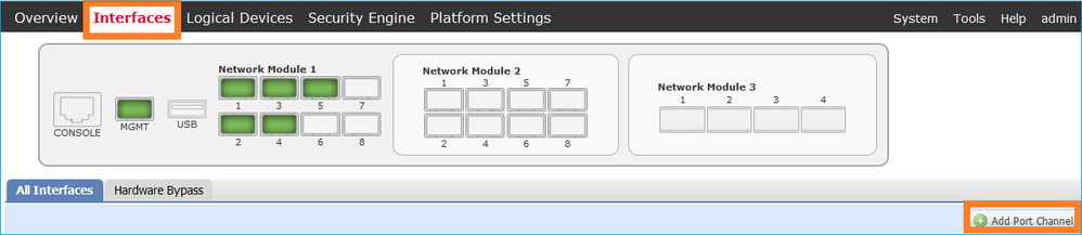 Shows all Interfaces with Add Port Channel Selected