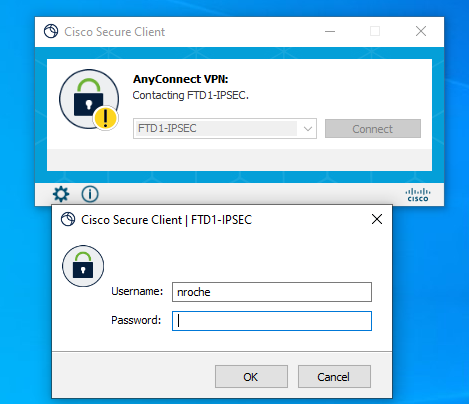 Secure Client UI view of the IPsec IKEv2 RAVPN connection attempt.