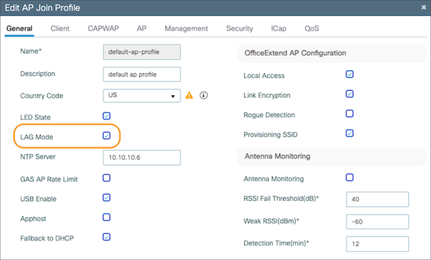 Enabling link aggregation on an AP join profile