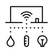Icon representing smart buildings with a computer connected to devices that manage water, heat, and electricity