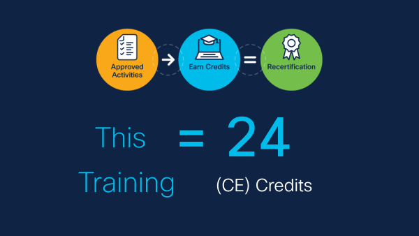 This training earns you 24 Continuing Education credits towards recertification.