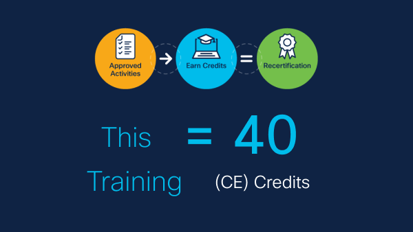 This training earns you 64 Continuing Education credits towards recertification.