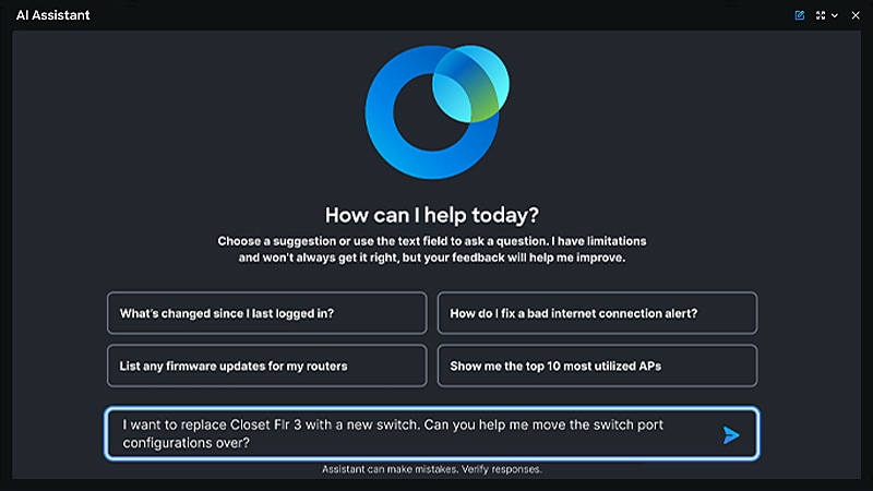 AI Assistant interface asking How can I help today? with networking queries and switch config input. 