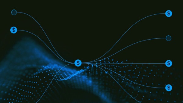 Lines connecting circular nodes with dollar signs over a blue digital wave, representing the flow and distribution of financial data.