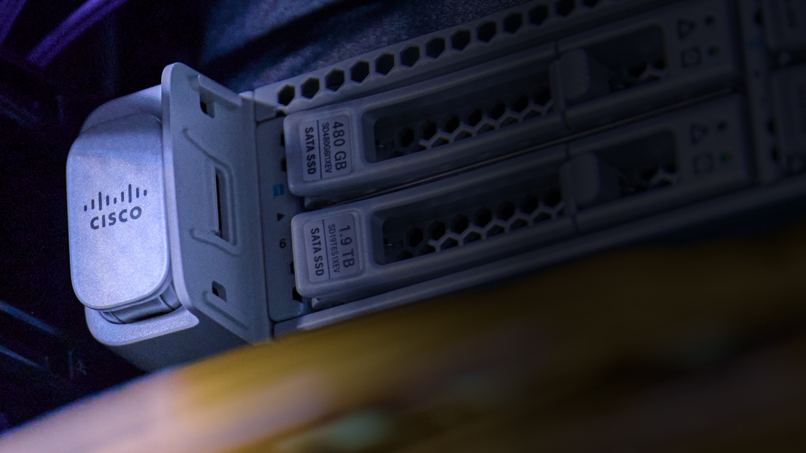 A piece of Cisco technology is shown via a close-up shot.