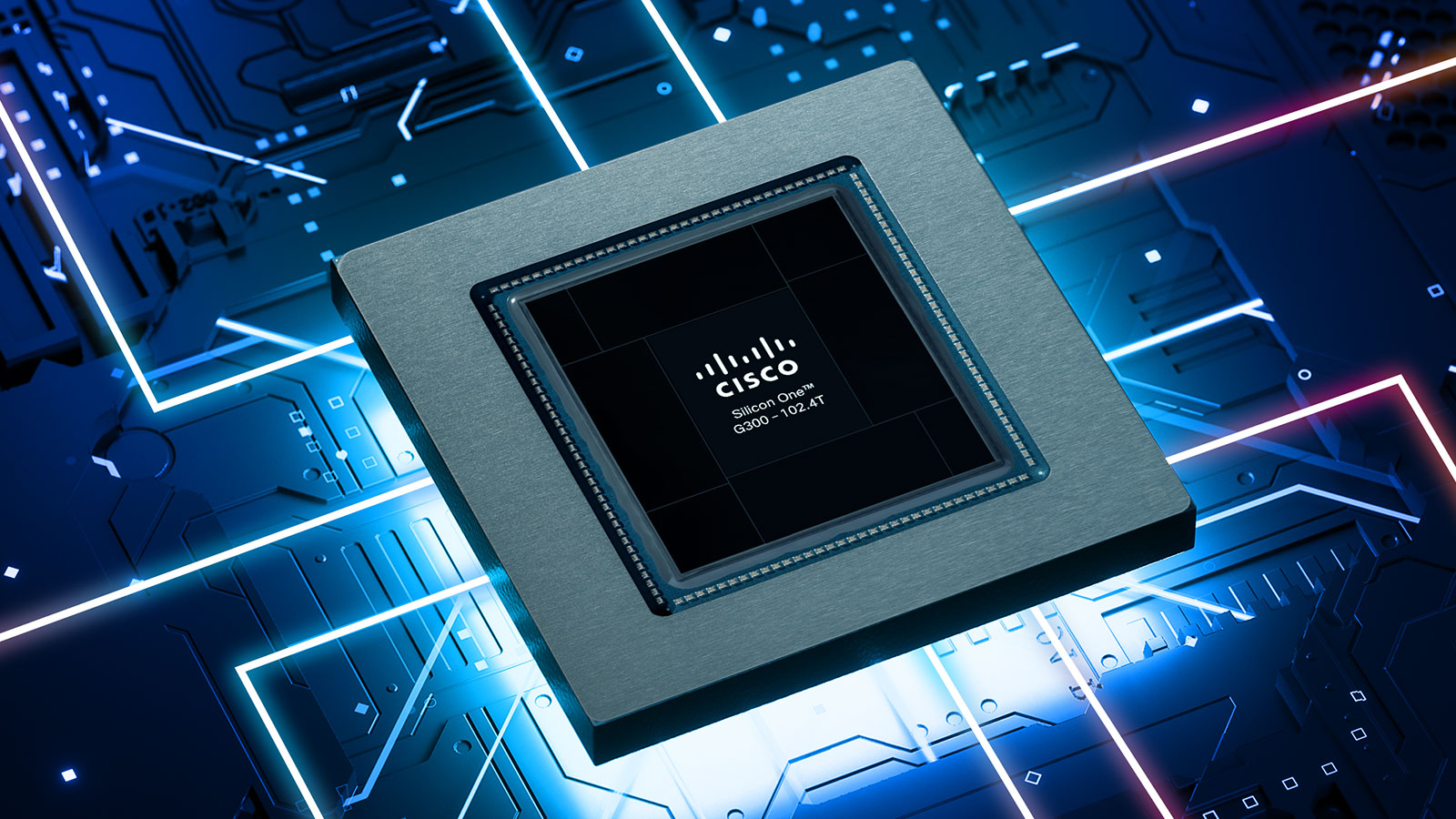Un processeur Cisco Silicon One sur un circuit imprimé dans des teintes de bleus et de gris.