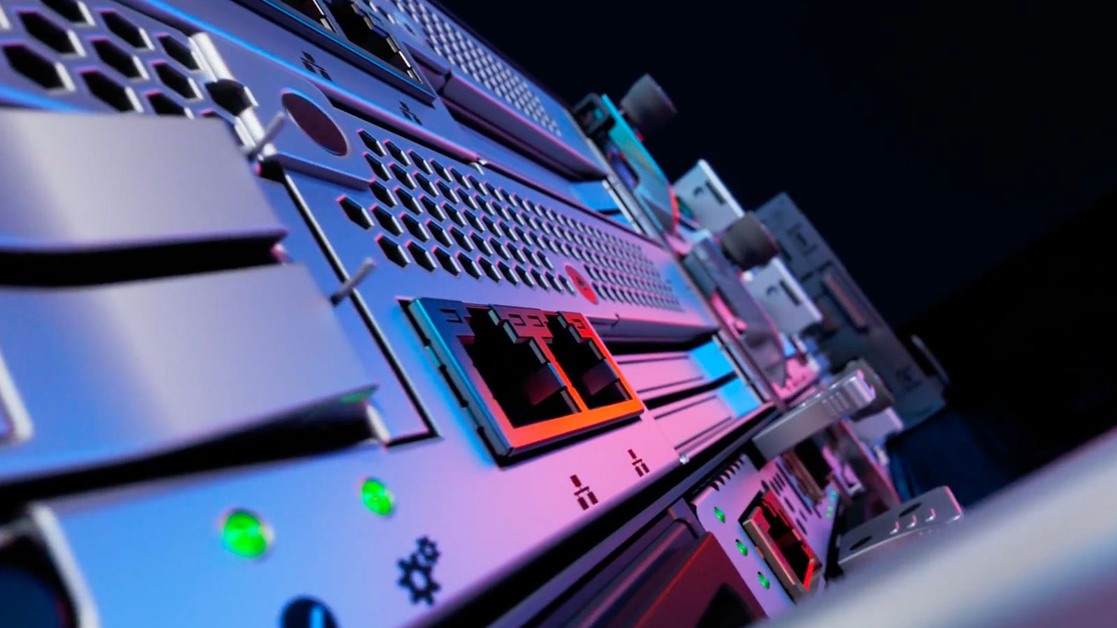 Un gros plan sur un équipement de réseau avec des ports Ethernet, des DEL d’état et des icônes de réseau.