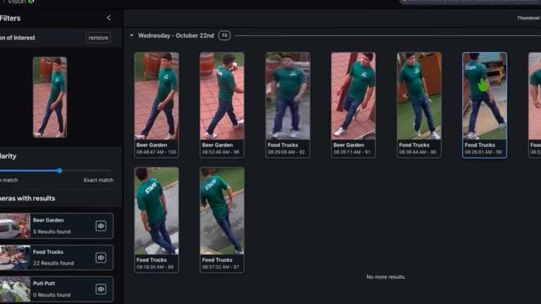 Meraki Vision dashboard showing person of interest search results for a staff member at beer garden and food trucks.