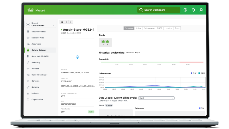 Meraki cellular gateway dashboard displayed on laptop