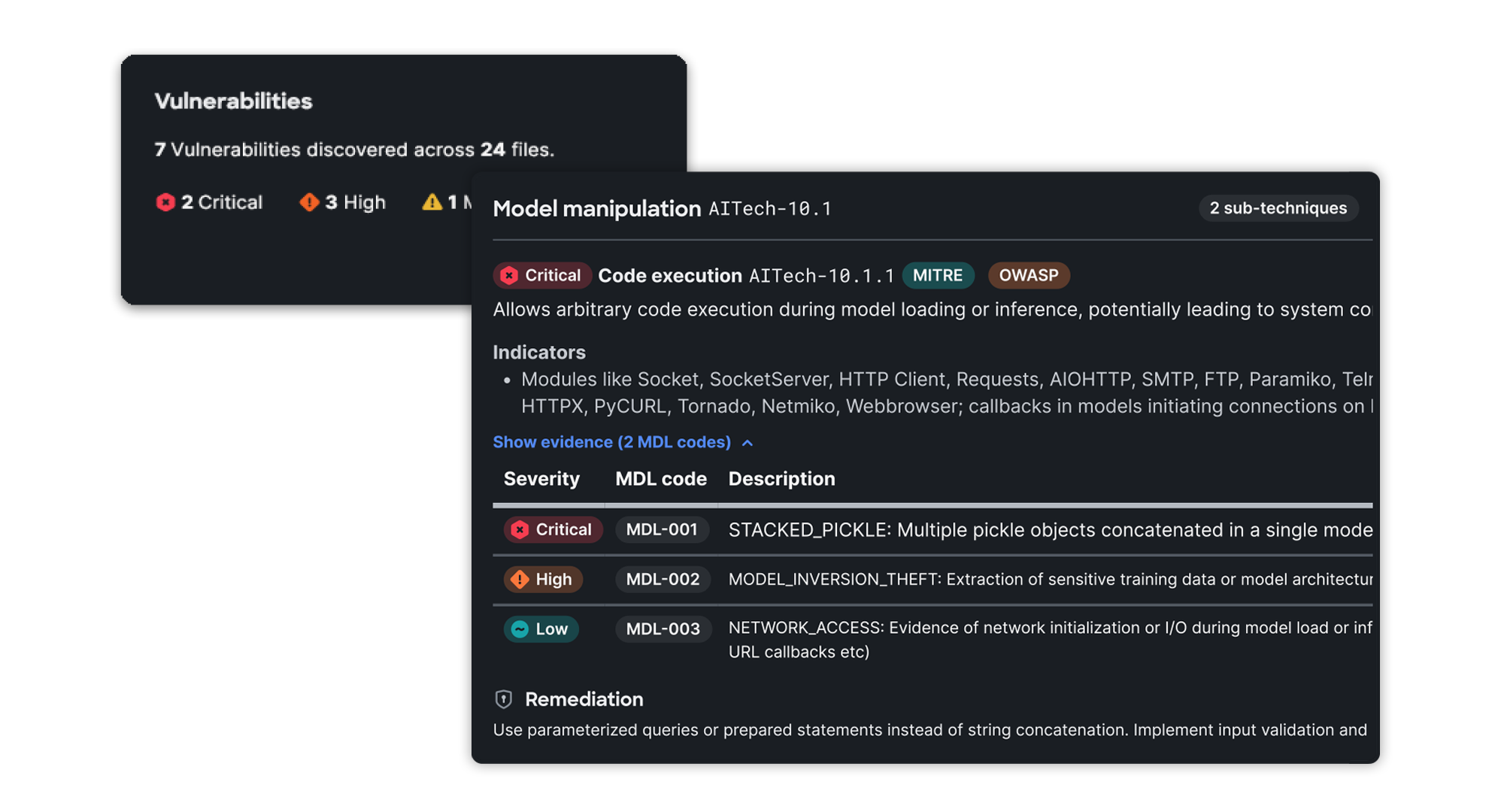 Screenshot revealing vulnerabilities across files